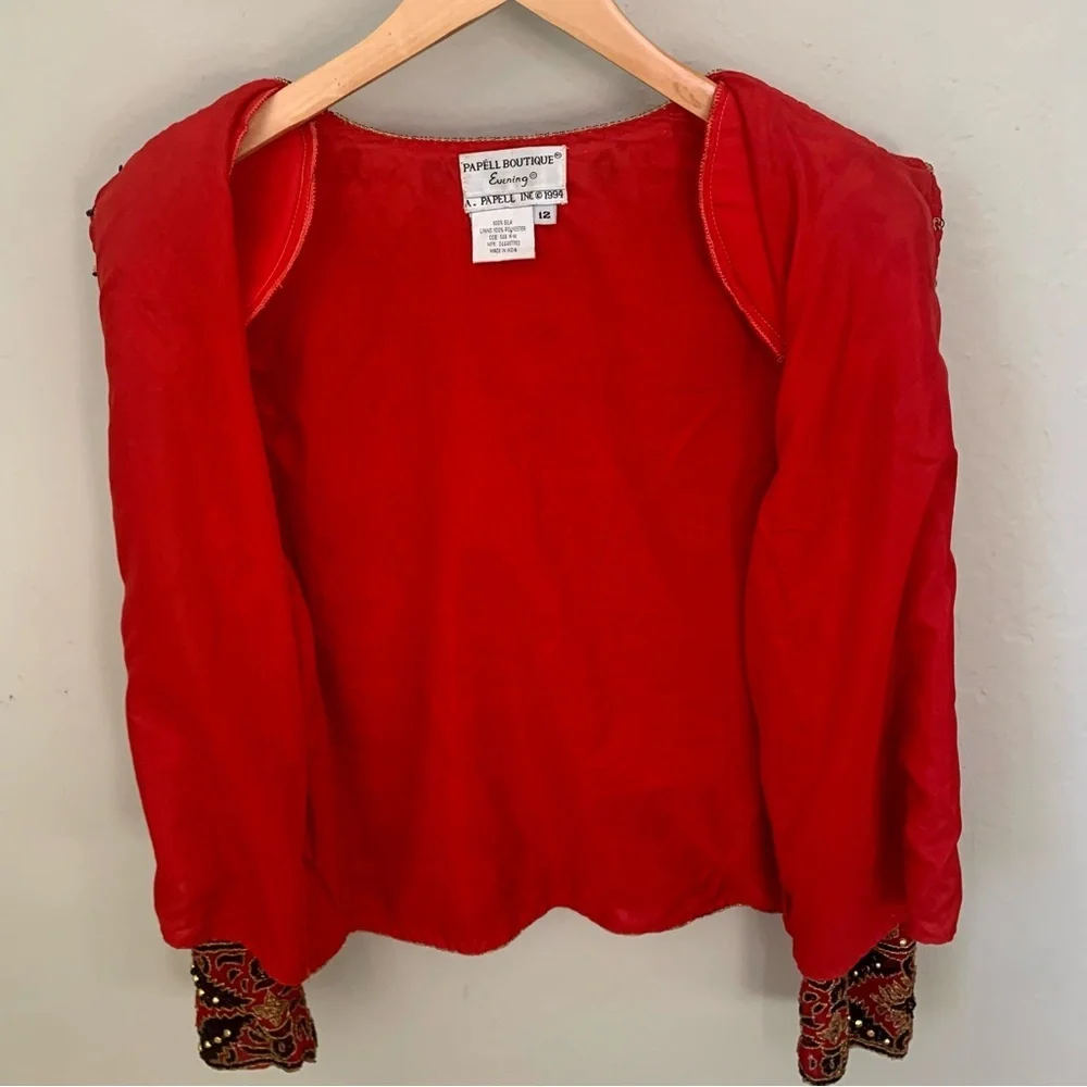 Adrianna Papell Boutique Evening Jacket Vintage 90’s Silk Beaded Red Gold 12 - Picture 14 of 16
